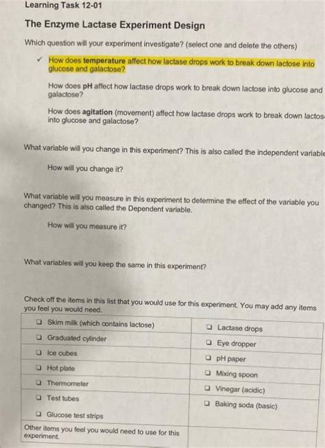 Solved The Enzyme Lactase Experiment Design Which question | Chegg.com