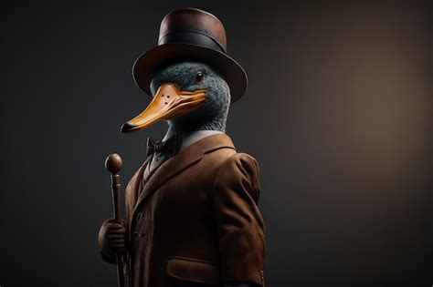 Premium AI Image | A duck in a top hat and top hat stands in front of a ...