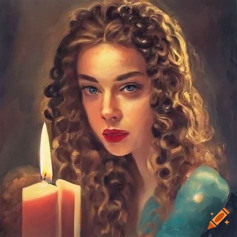 Realistic oil painting of a woman with long curly hair in a cathedral ...