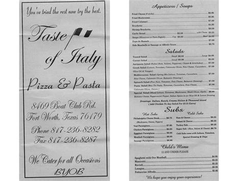 Taste of Italy Menu, Menu for Taste of Italy, Eagle Mountain Lake ...