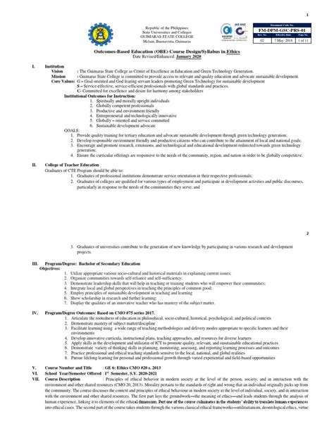 Syllabus in Ethics - BSED AY 2020-2021 20-2 | PDF | Teaching Method | Learning