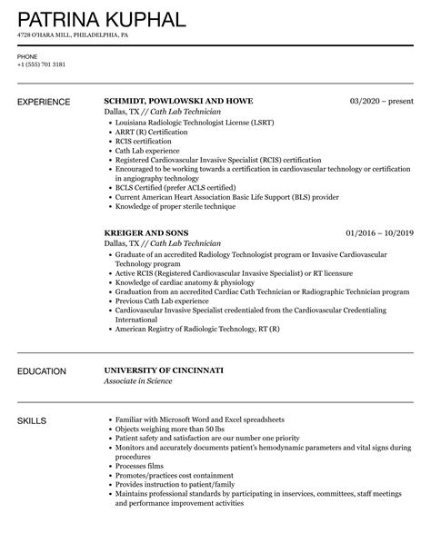 Cath Lab Technician Resume Samples | Velvet Jobs