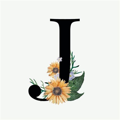 the letter j is decorated with sunflowers and leaves