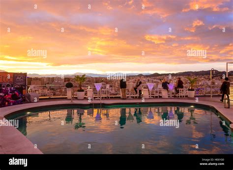 Rooftop Terrace of AC Hotel Malaga Palacio in Malaga, during sunset, Andalusia, Spain Stock ...