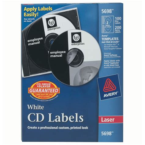 CD Labels for Laser Printers, White, 100 Disc Labels and 200 Spine Labels (5698), Design ...