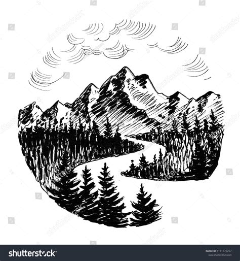 Mountain Landscape Ink Black White Drawing Stock Illustration 1111572257 | Shutterstock