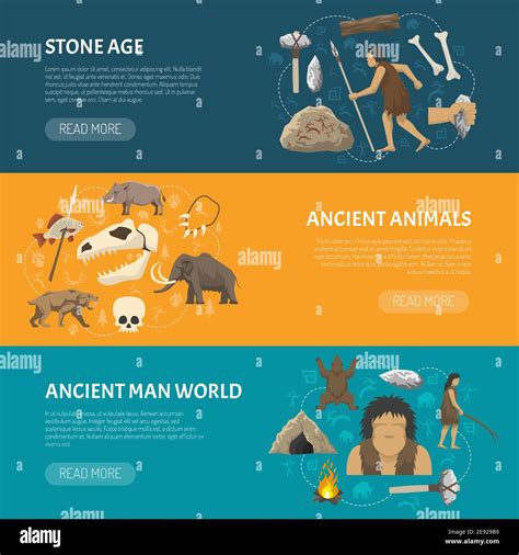 Horizontal banners about life ancient man and animals in prehistoric stone age isolated vector ...