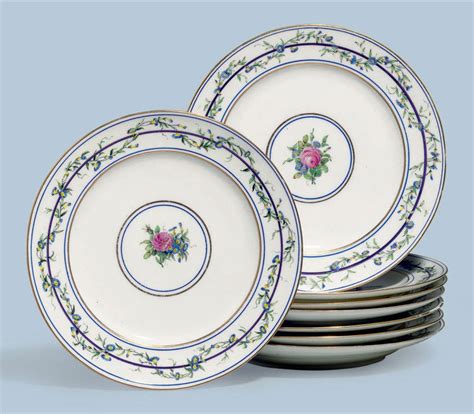 EIGHT SEVRES PORCELAIN DINNER PLATES , CIRCA 1795, BLUE PAINTED FR AND RF MARKS, PAINTER'S MARKS ...