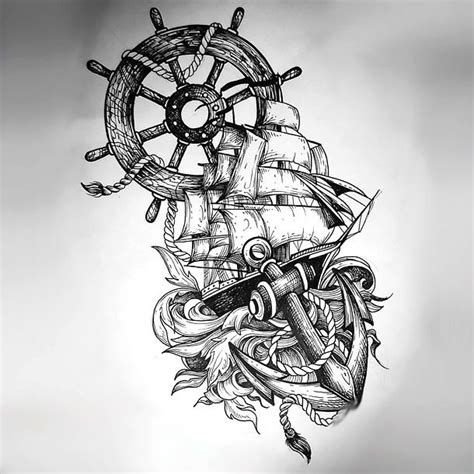 Ship Wheel And Anchor Drawing