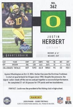 2020 Score #362 Justin Herbert | Trading Card Database