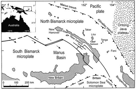 Map of the plate-tectonic situation of the Bismarck Archipelago, after ...