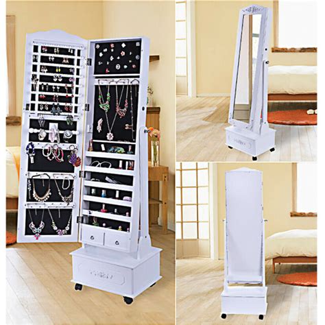 Movable Jewelry Cabinet W/ Full-Length Mirror Standing Jewelry Armoire ...