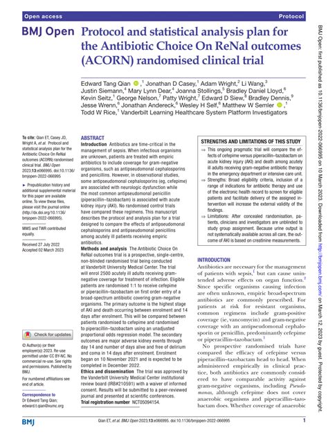 (PDF) Protocol and statistical analysis plan for the Antibiotic Choice On ReNal outcomes (ACORN ...