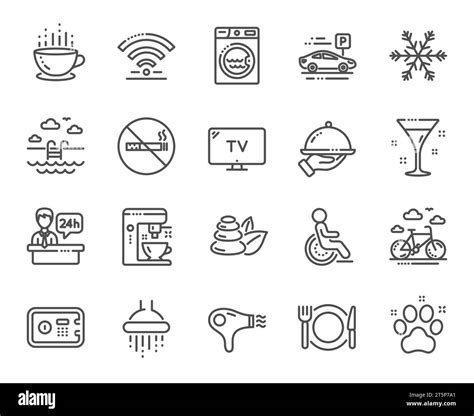 Hotel service line icons. Wi-Fi, Air conditioning and Coffee maker machine. Vector Stock Vector ...