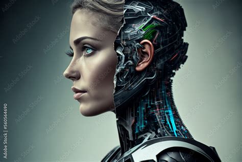 a woman half-robot or a humanoid android with artificial intelligence ...