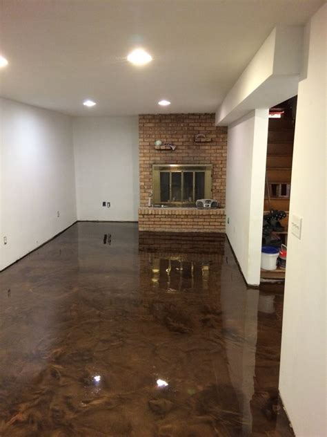 Metallic epoxy basement floor. Colors - Brass over Coffee Sierra ...