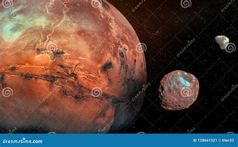 Mars With Its Two Cratered Moons Phobos And Deimos. Royalty-Free Stock ...