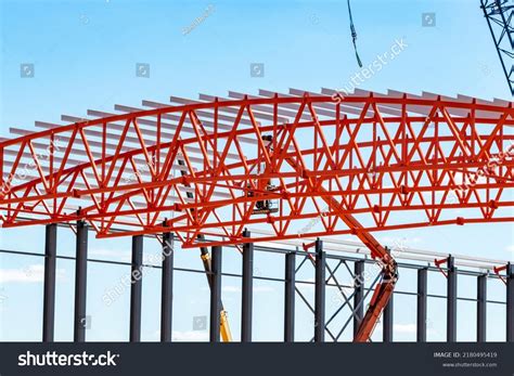 Installation Metal Trusses Frame During Construction Stock Photo ...