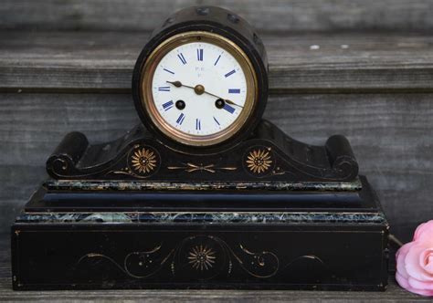 Antique Platnauer Freres French Victorian Black Marble Slate Mantel Clock 1800s - Shelf, Mantel