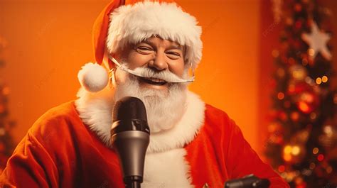 Santa Claus Is Singing Christmas Songs Against Orange Background With Vignette, Father Christmas ...