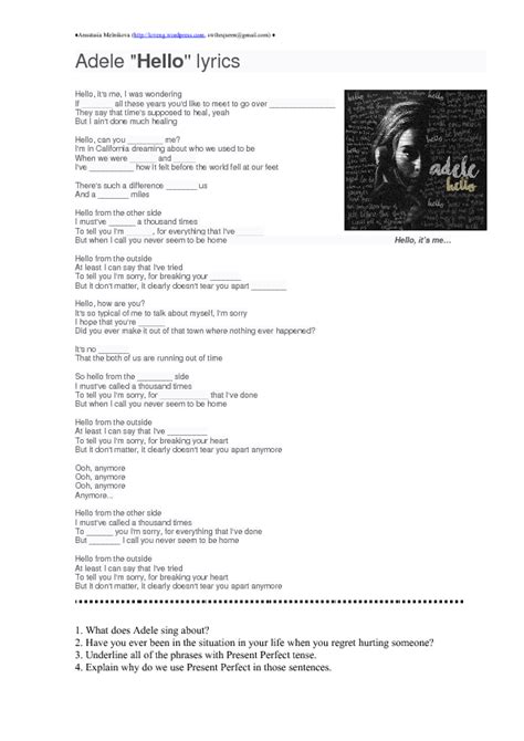 Song Worksheet: Hello by Adele (Present Perfect)