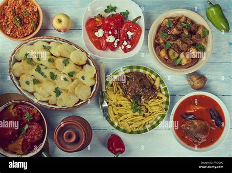 Balkan cuisine cuisine, Traditional assorted dishes, Top view Stock ...