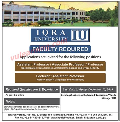 IQRA University Karachi Jobs 2019 for Teaching Faculty Latest