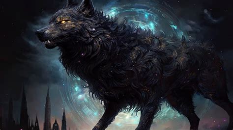 Premium AI Image | A wolf with glowing eyes stands in front of a night sky.