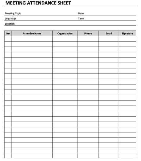 Meeting Attendance Sheet » ExcelTemplate.net