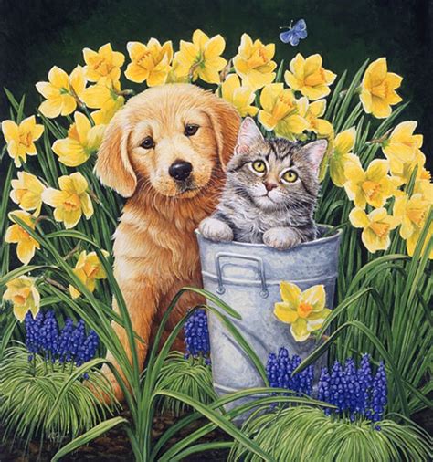 Dog and Cat by Daffodils