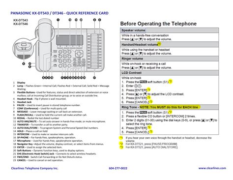 panasonic kx-dt543 / dt346 - quick reference card | Manualzz