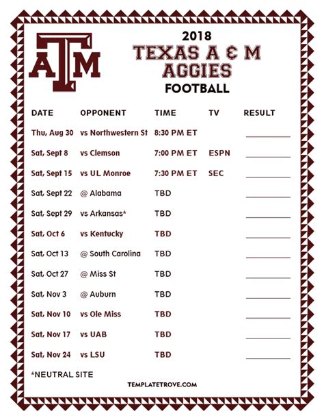 Printable 2018 Texas A & M Aggies Football Schedule