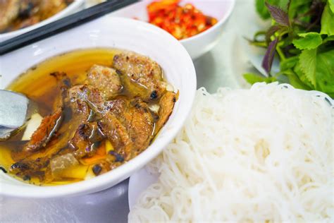 Bun Cha with grilled pork, rice noodles, vegetable and soup in ...