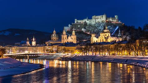 Wallpaper City night, Salzburg, Austria, river, winter, snow, houses, lights 1920x1080 Full HD ...