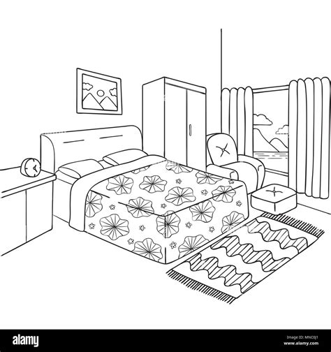 Hand drawn of bedroom for design element and adult coloring book page. Vector illustration Stock ...