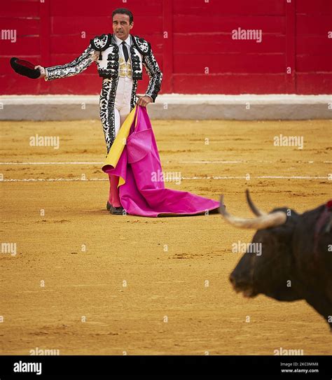 Spanish bullfighter Enrique Ponce looks on the bull during the Virgen de las Angustias ...