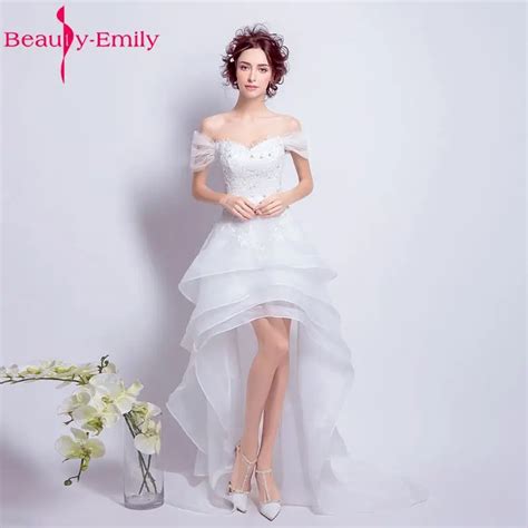 Beauty Emily Luxury Tiered White Asymmetrical Wedding Dresses 2017 Scoop Wedding Party Bride ...