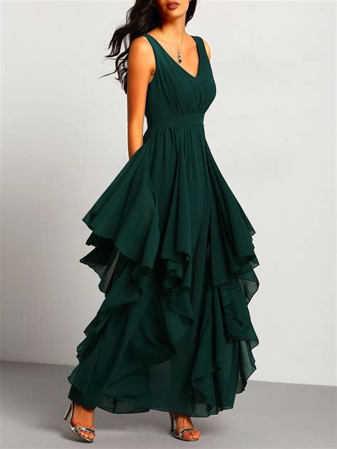 Vestido cuello V maxi gasa -verde-Spanish SheIn(Sheinside) | Elegant ...