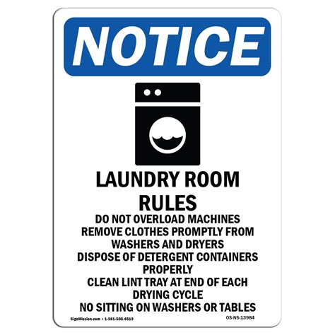 OSHA Notice Sign - Laundry Room Rules Sign With Symbol 14" X 10" Decal Protect Your Business ...