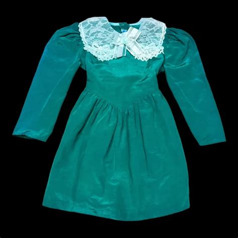 VINTAGE SARAH KENT Too Girls Victorian Style Green Jacquard Dress With Lace S 8 $11.90 - PicClick