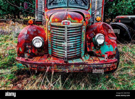 Front view of old abandoned rusty truck, Oversiel, Michigan, USA Stock ...