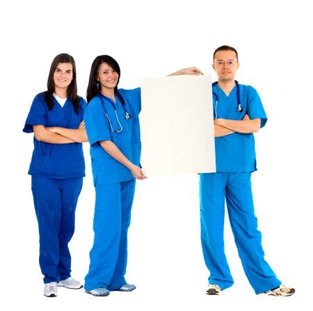 Doctors with surgical uniform holding a banner, isolated | Freestock photos