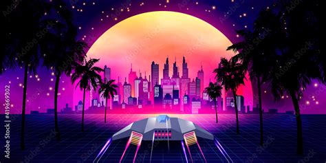 Arcade Space Ship Flying to the Sunset. Retro 80s Fashion Sci-Fi ...