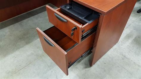 Cherry L Shape Office Desk with Locking Drawers - Express Laminate