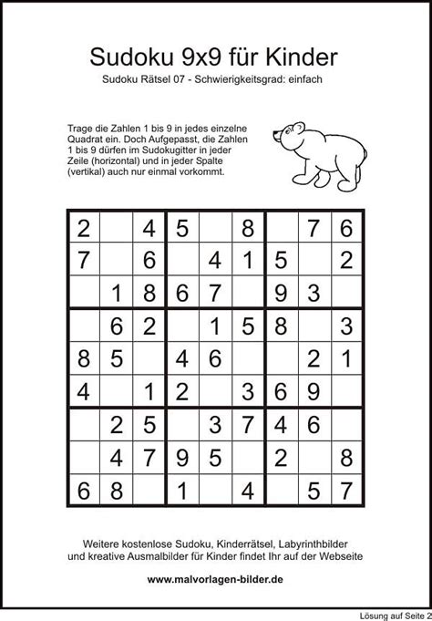 Kinder-Sudoku 9x9 einfache Version mit Lösung