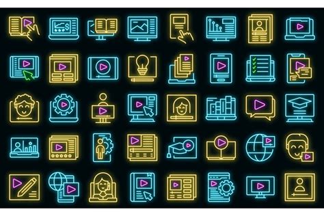 Video tutorial icons set vector neon