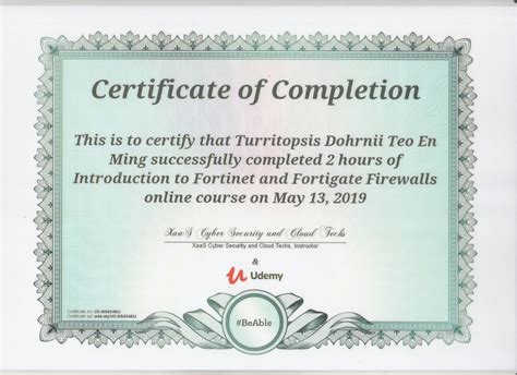 Udemy Certificate of Completion for Introduction to Fortinet and Fortigate Firewalls