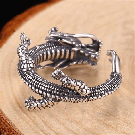 Sterling Silver Dragon Ring with Red Eyes for Men