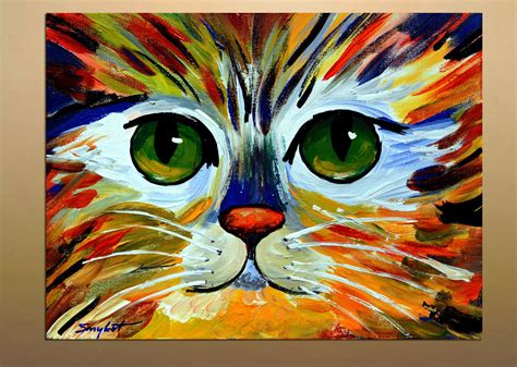 Colorful Kitty Original Abstract Cat Portrait Painting Acrylic on Canvas 12"x16" by Andrzej ...