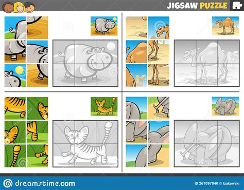 Jigsaw Puzzle Game Set with Cartoon Wild Animals Stock Vector ...